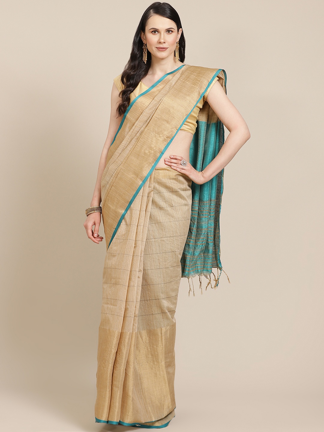 

SHOPGARB Beige & Green Silk Cotton Striped Banarasi Saree
