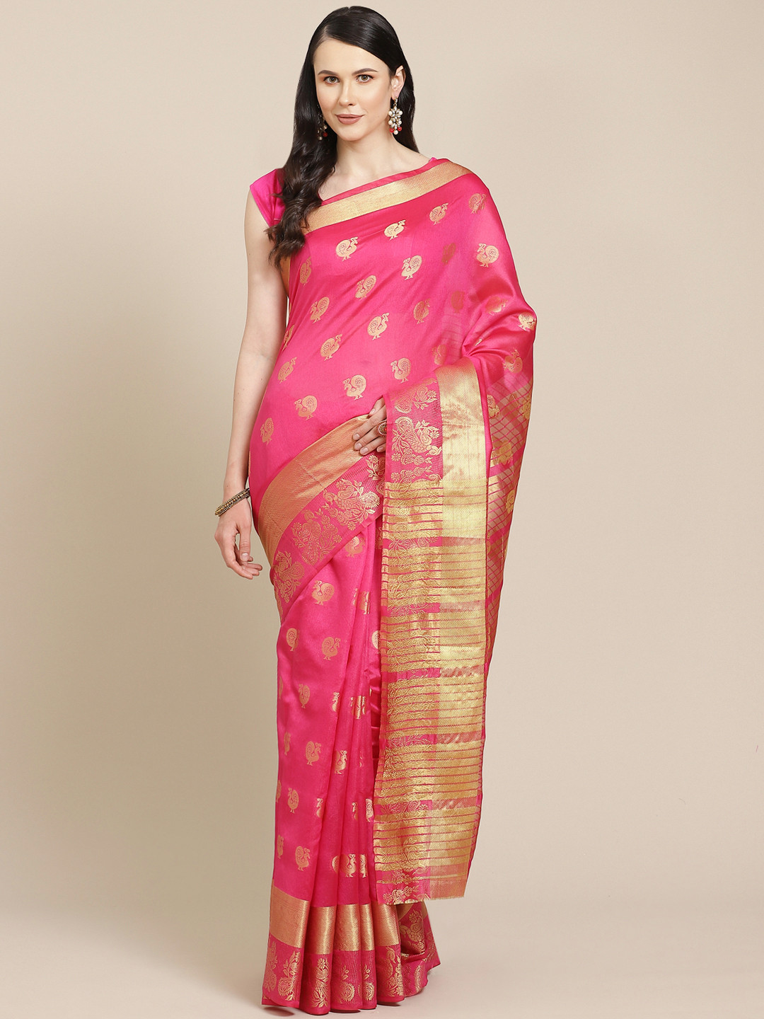 

SHOPGARB Magenta & Golden Silk Cotton Woven Design Banarasi Saree