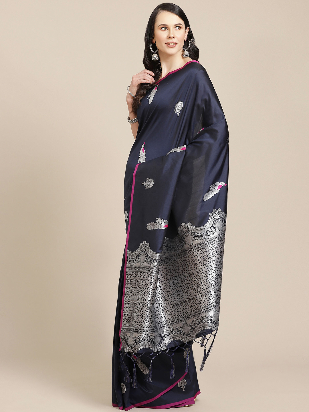 

SHOPGARB Navy Blue & Silver Woven Design Banarasi Saree