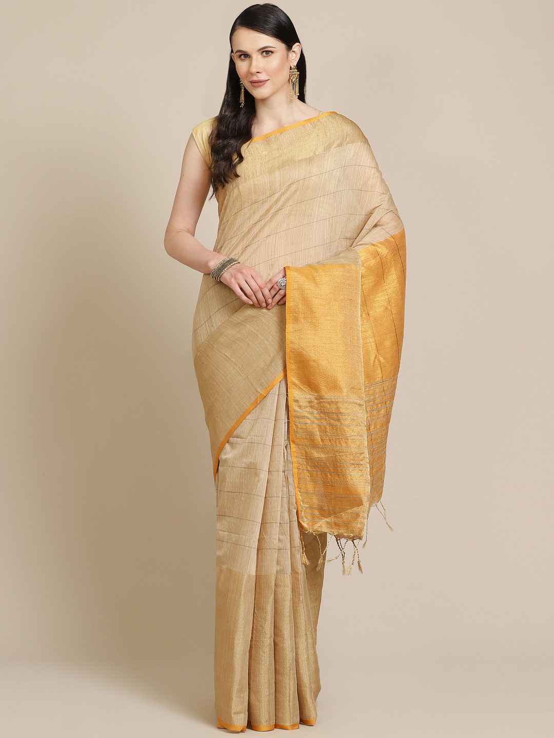 

SHOPGARB Beige & Mustard Yellow Striped Banarasi Saree