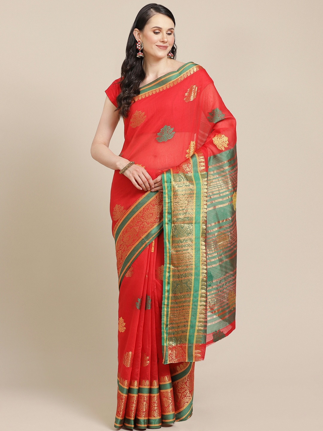 

SHOPGARB Red & Green Woven Design Banarasi Saree