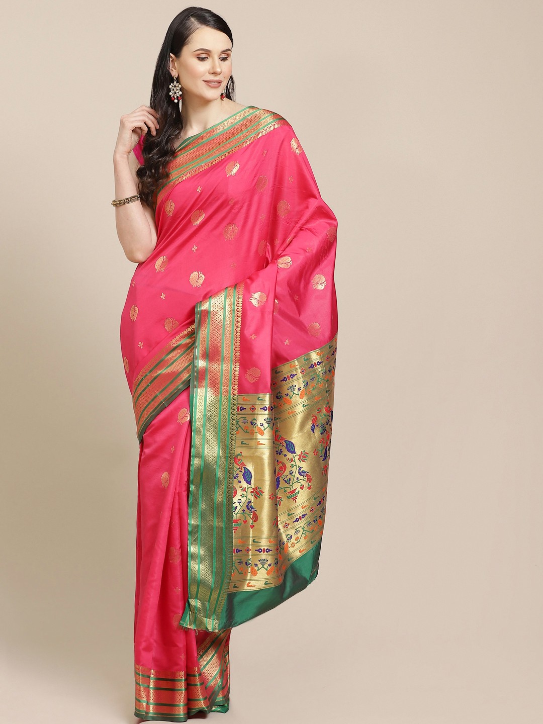 

SHOPGARB Pink & Green Woven Design Banarasi Saree