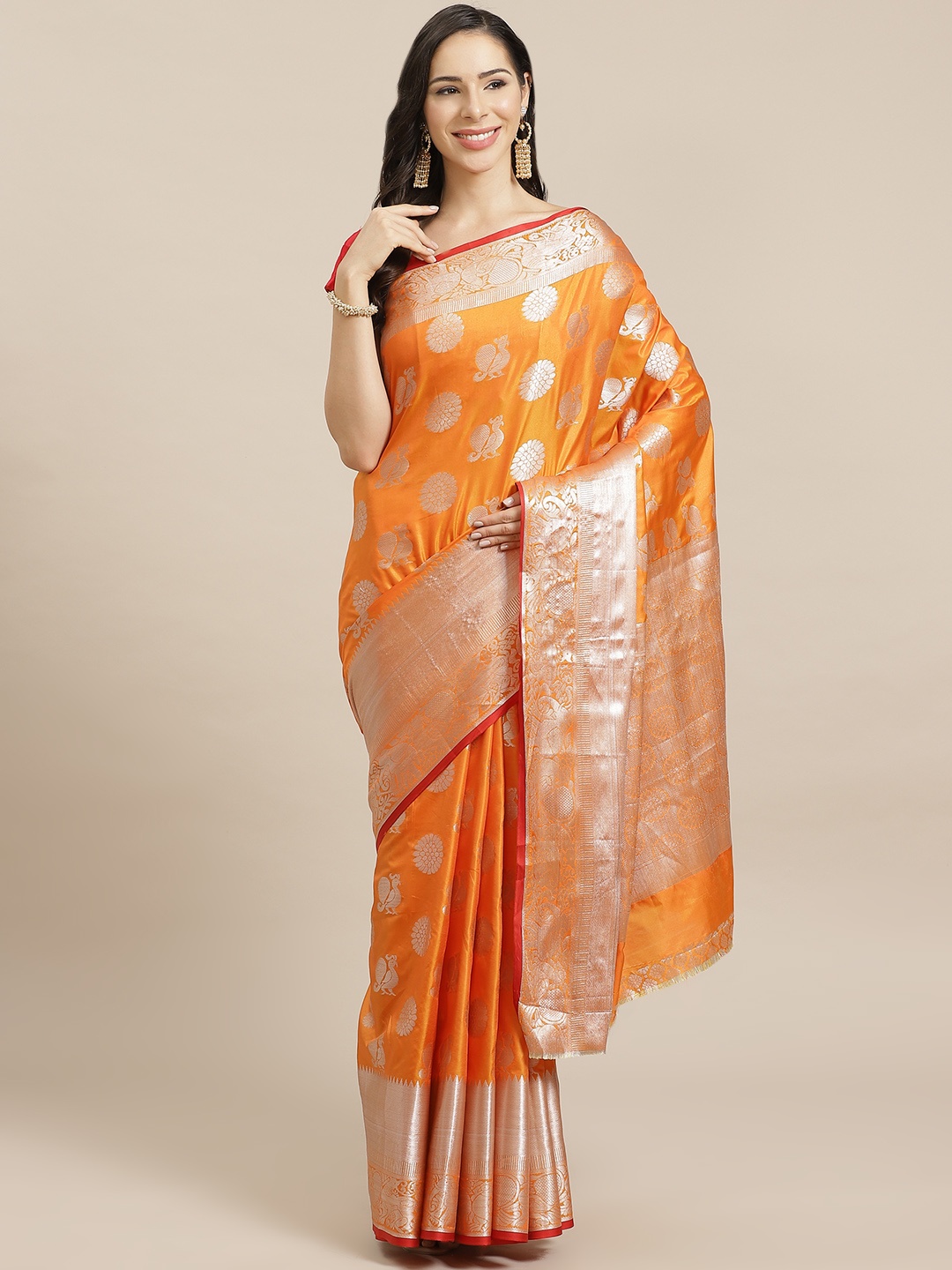 

SHOPGARB Orange & Gold-Toned Silk Cotton Woven Design Banarasi Saree