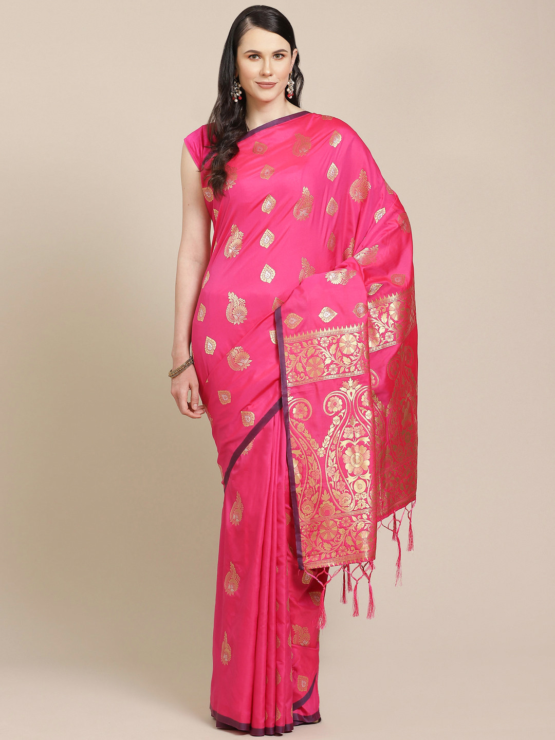 

SHOPGARB Pink & Golden Ethnic Motifs Woven Design Celebrity Banarasi Saree