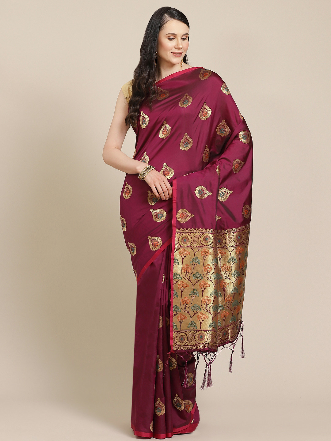 

SHOPGARB Burgundy & Golden Ethnic Motifs Woven Design Celebrity Banarasi Saree