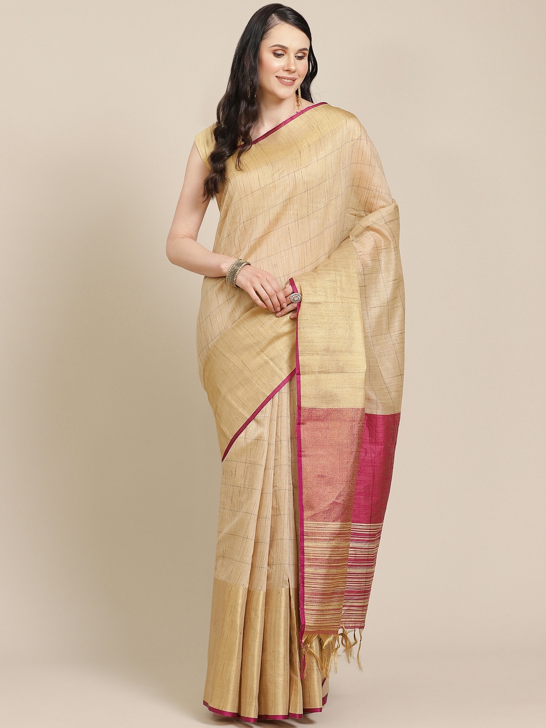 

SHOPGARB Beige & Purple Silk Cotton Striped Banarasi Saree