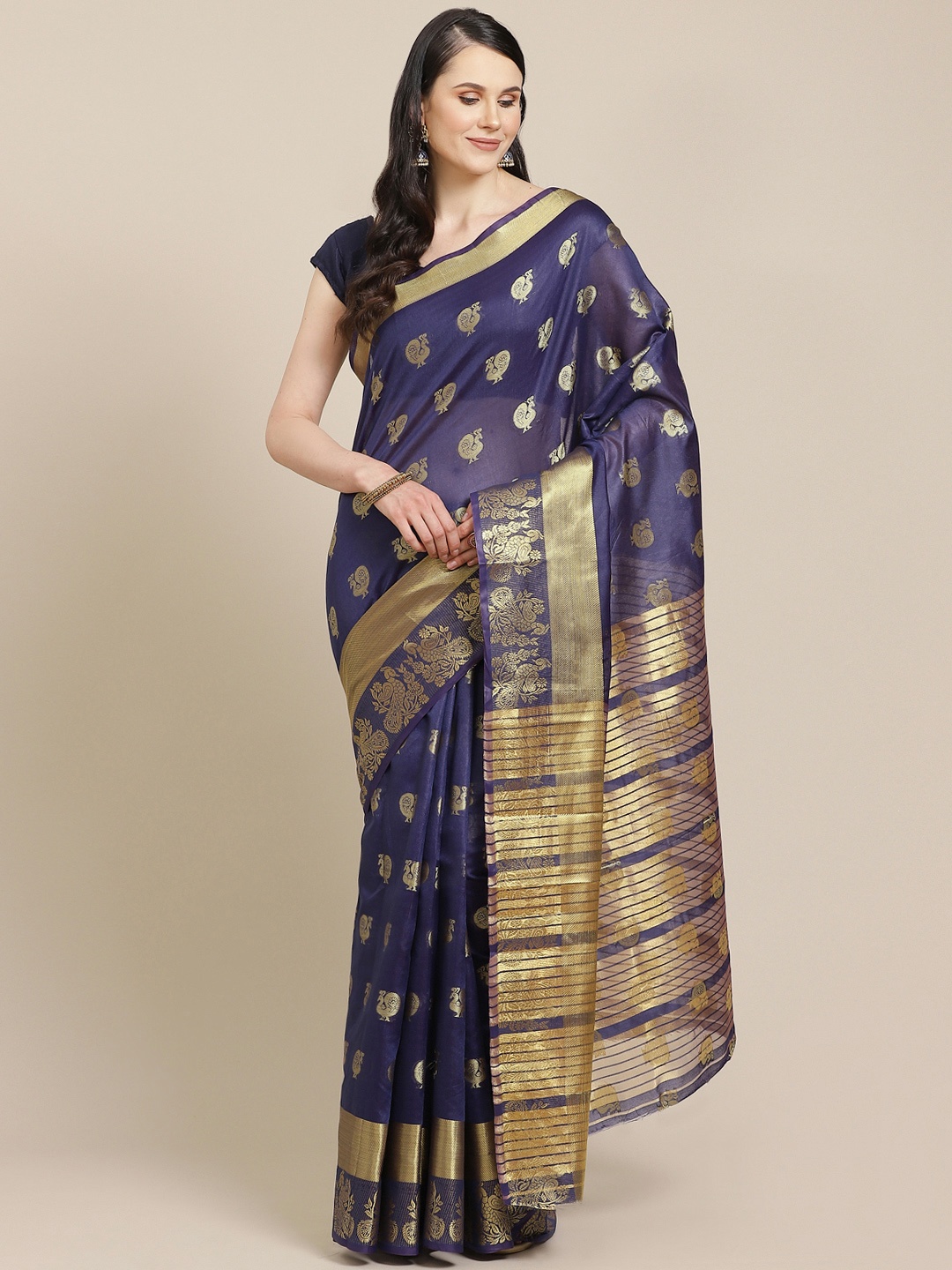 

SHOPGARB Navy Blue & Golden Woven Design Banarasi Saree