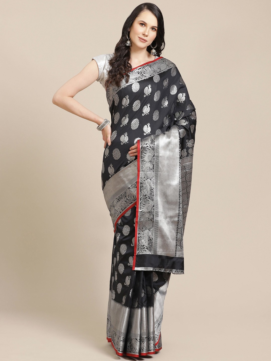 

SHOPGARB Black & Silver Woven Design Banarasi Saree