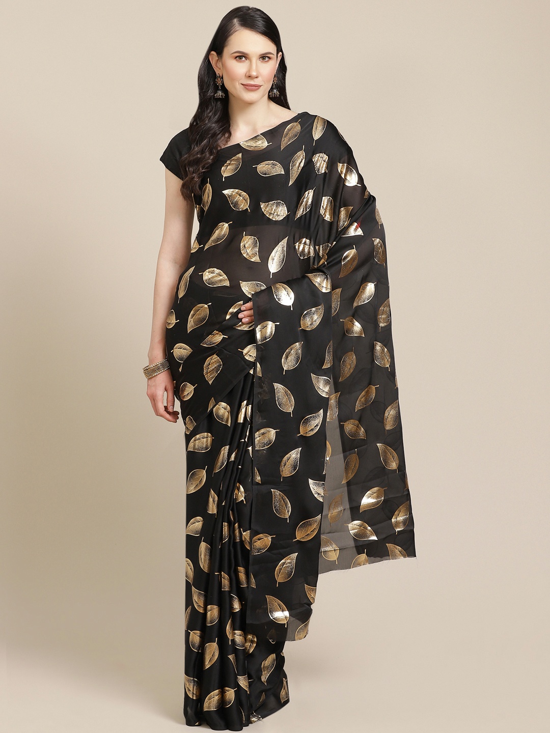 

SHOPGARB Black & Golden Leaf Print Saree