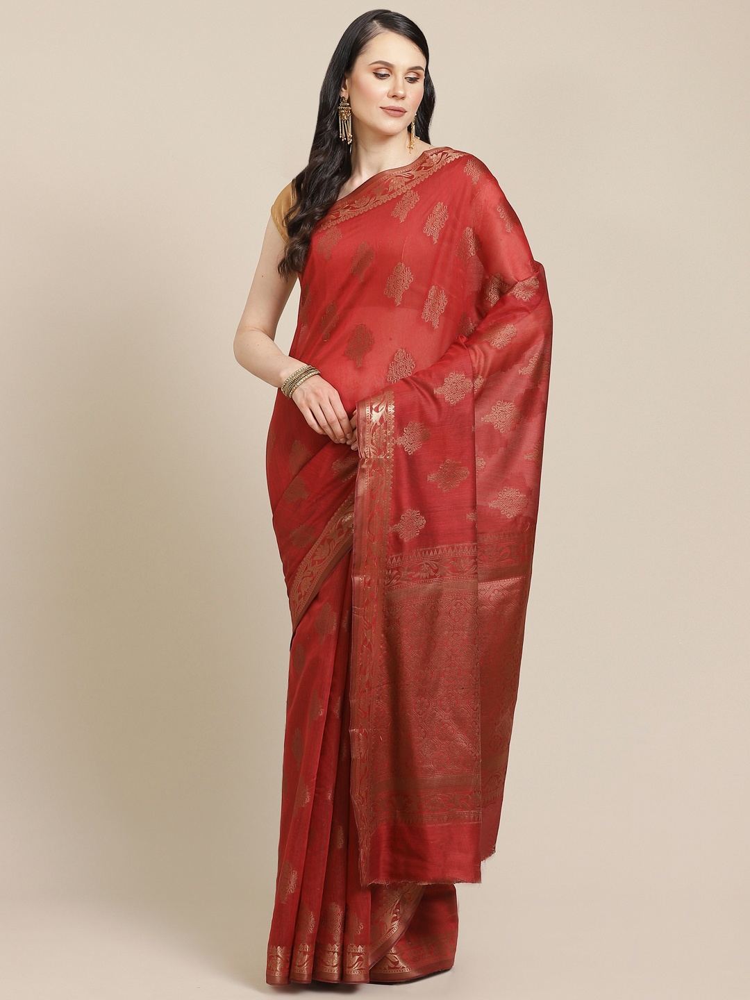 

SHOPGARB Rust Red & Beige Woven Design Banarasi Saree
