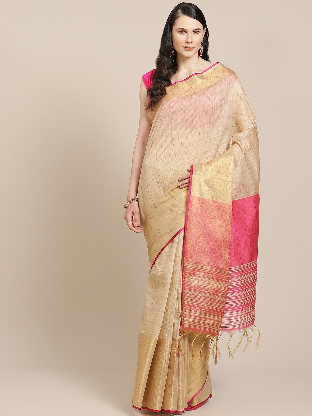 

SHOPGARB Beige Striped Banarasi Saree