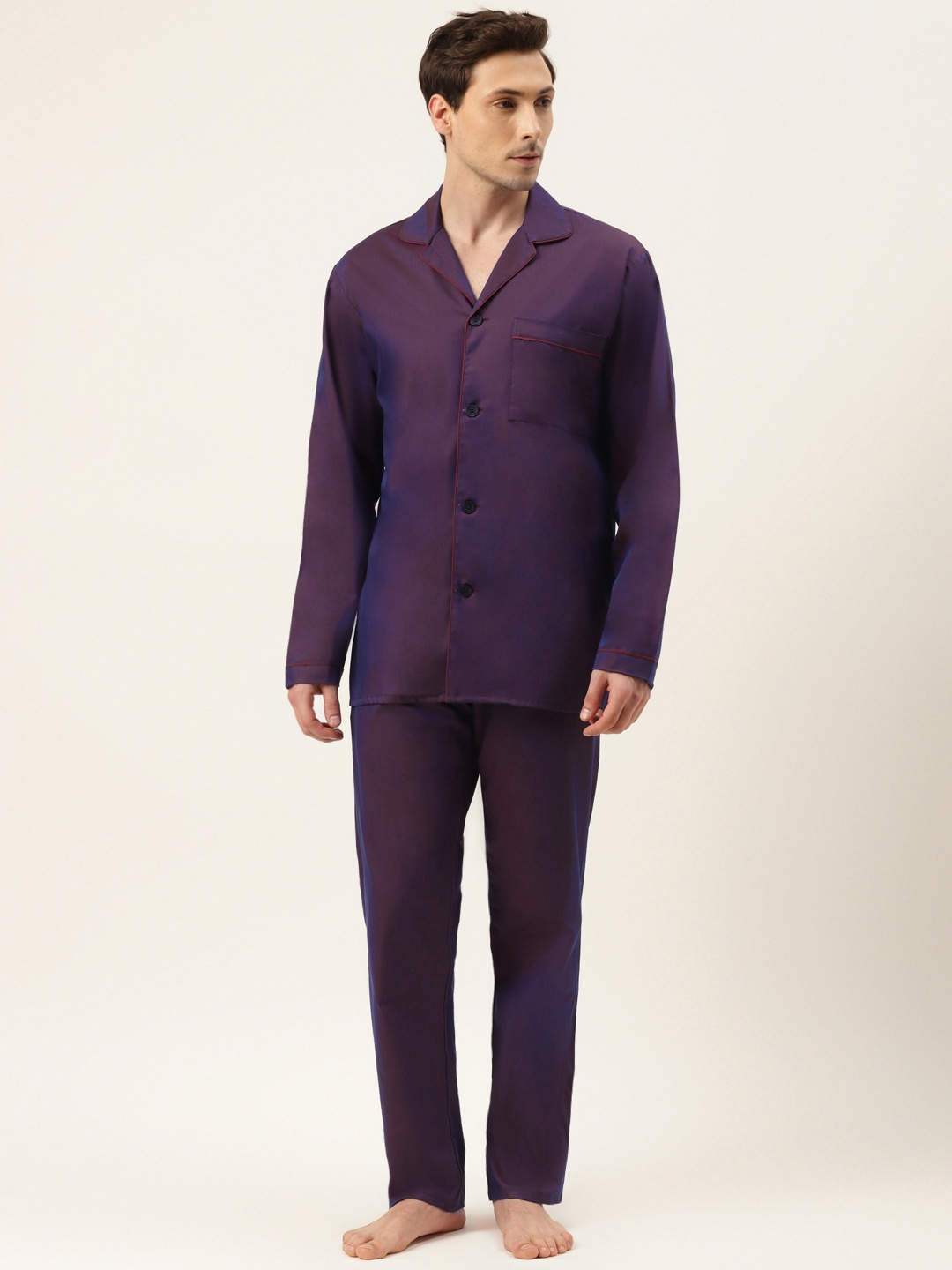 

Hancock Men Purple Solid Pure Cotton Night suit