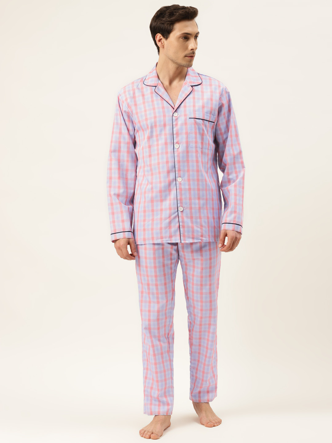 

Hancock Men Blue & Coral Orange Checked Pure Cotton Night suit