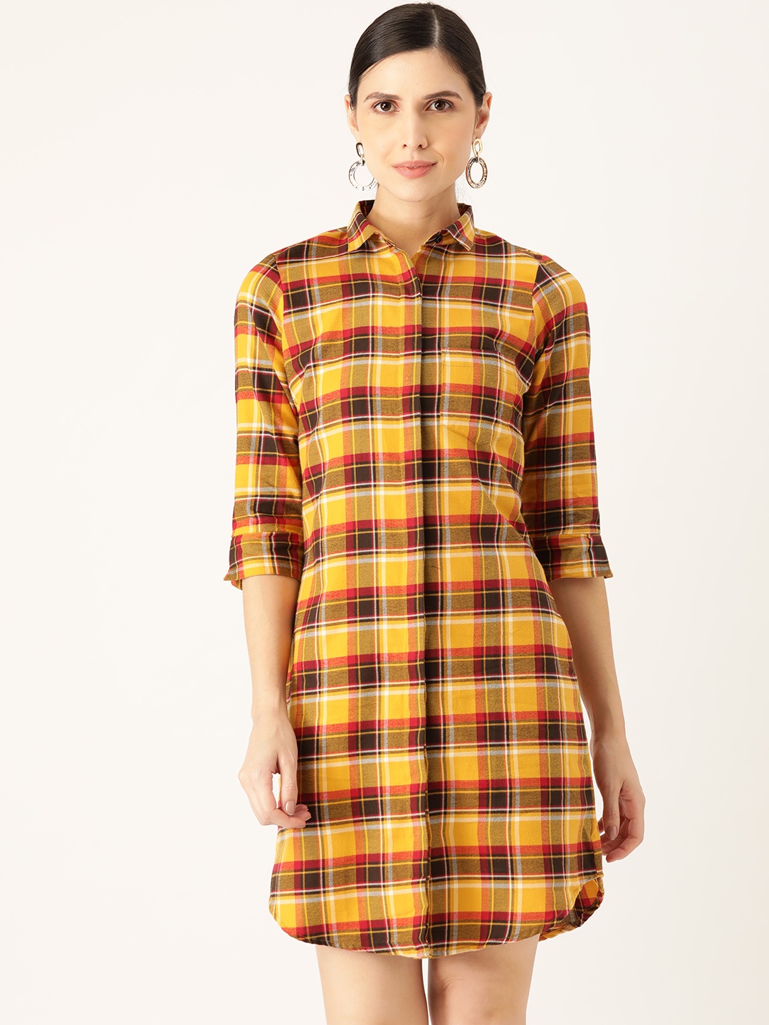 

Hancock Women Mustard Yellow & Marron Cotton Checked Shirt Dress