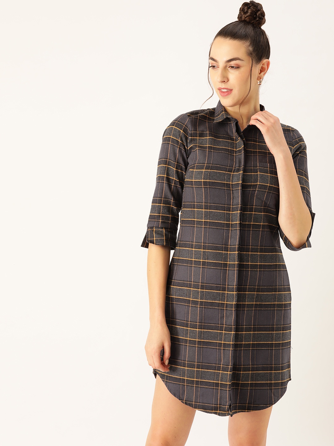 

Hancock Women Charcoal Grey & Beige Checked Cotton Shirt Dress