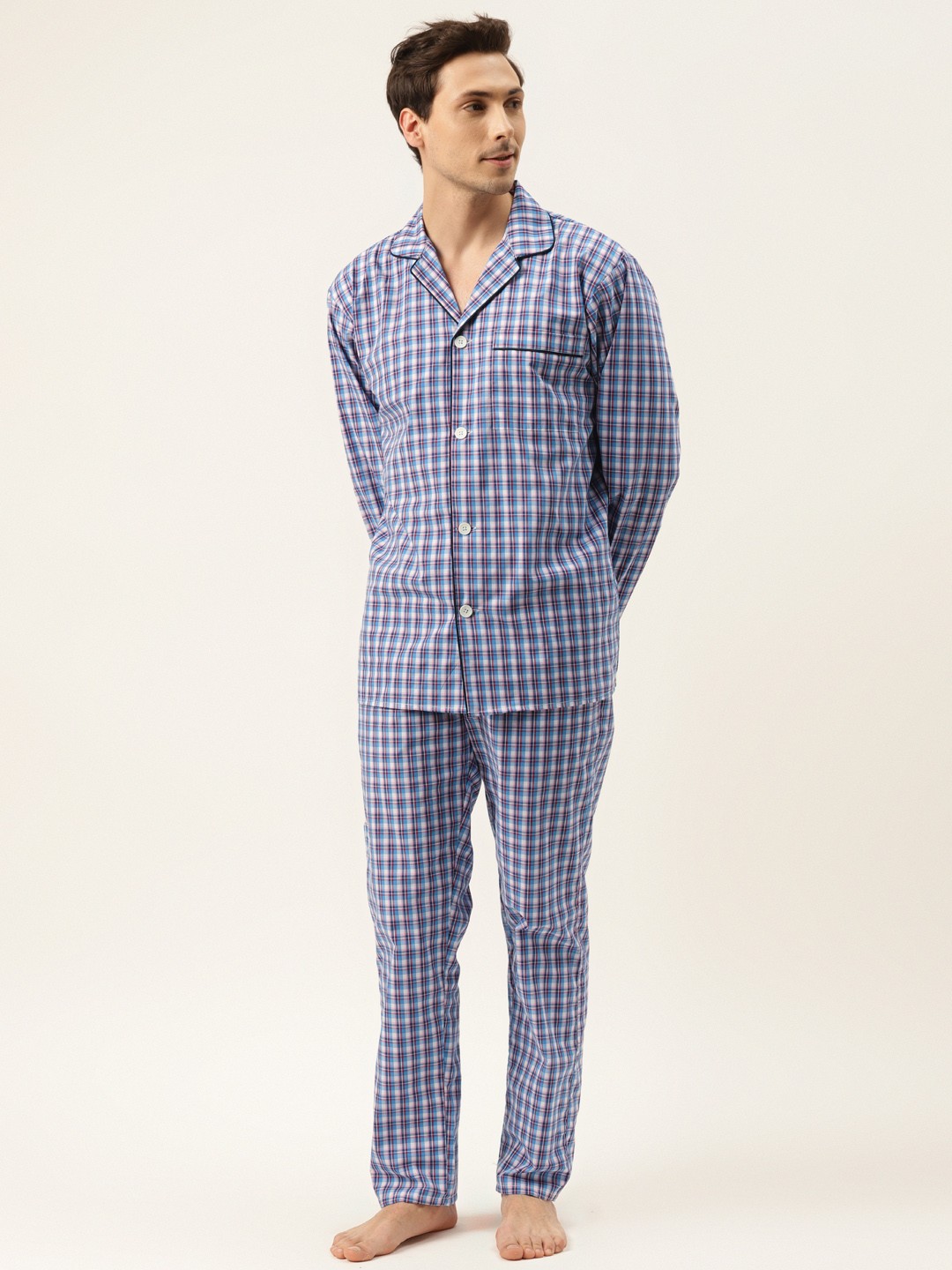 

Hancock Men Blue & White Checked Pure Cotton Night suit