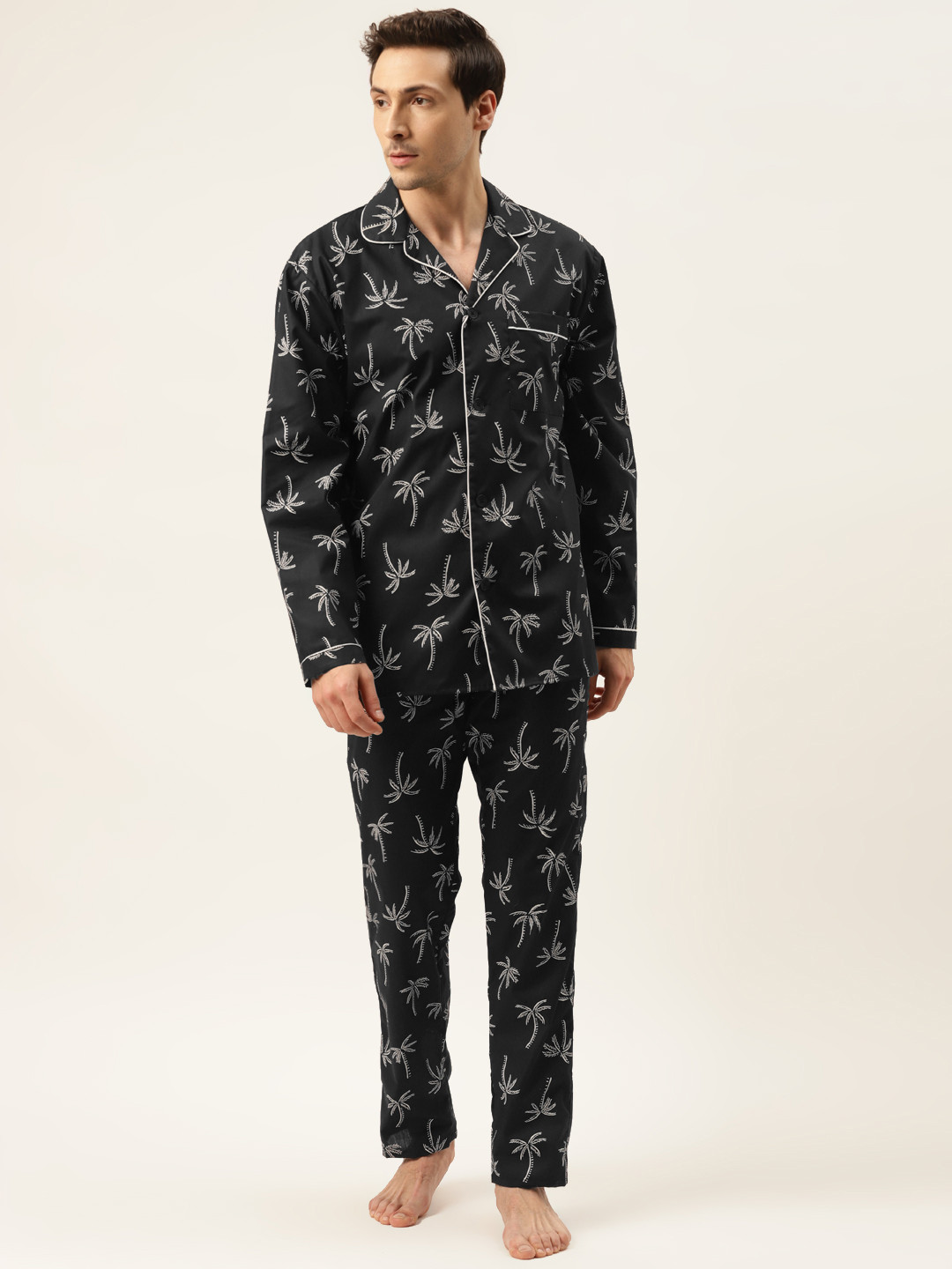 

Hancock Men Black & White Tropical Printed Pure Cotton Night suit