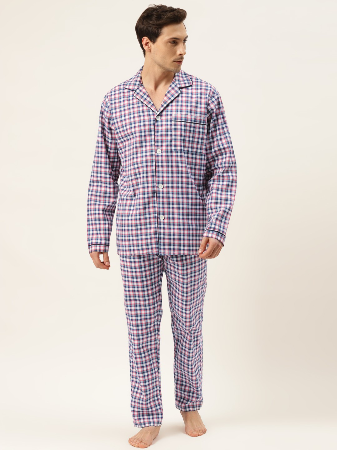 

Hancock Men Blue & Pink Checked Pure Cotton Night suit