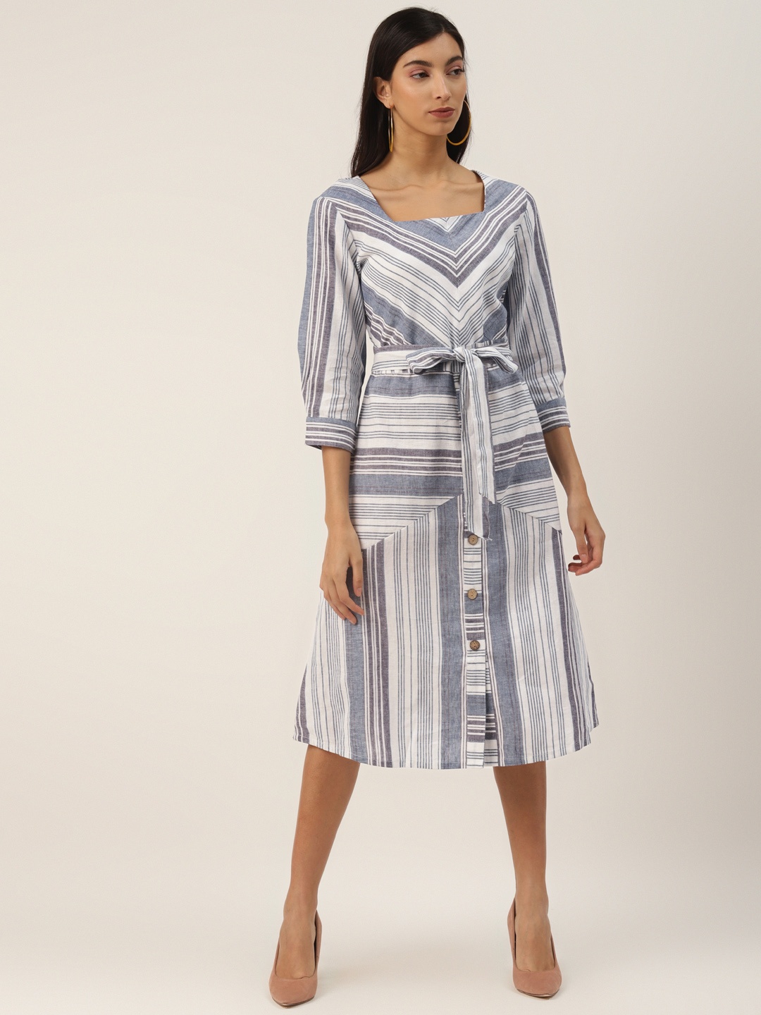 

LABEL REGALIA Women Off-White & Grey Pure Cotton Striped A-Line Dress with Belt