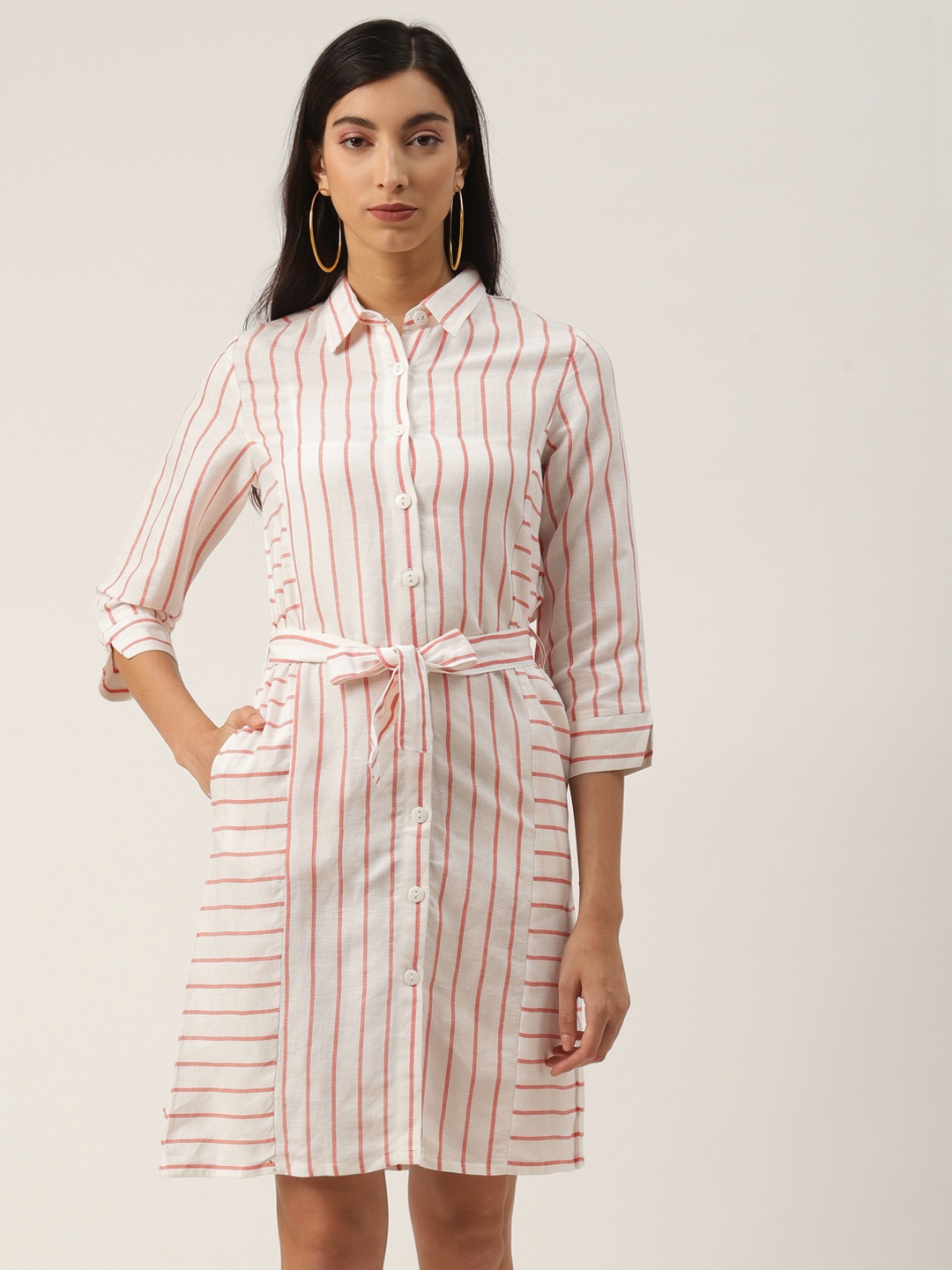 

LABEL REGALIA Women Off-White & Red Linen Striped Shirt Dress with Belt
