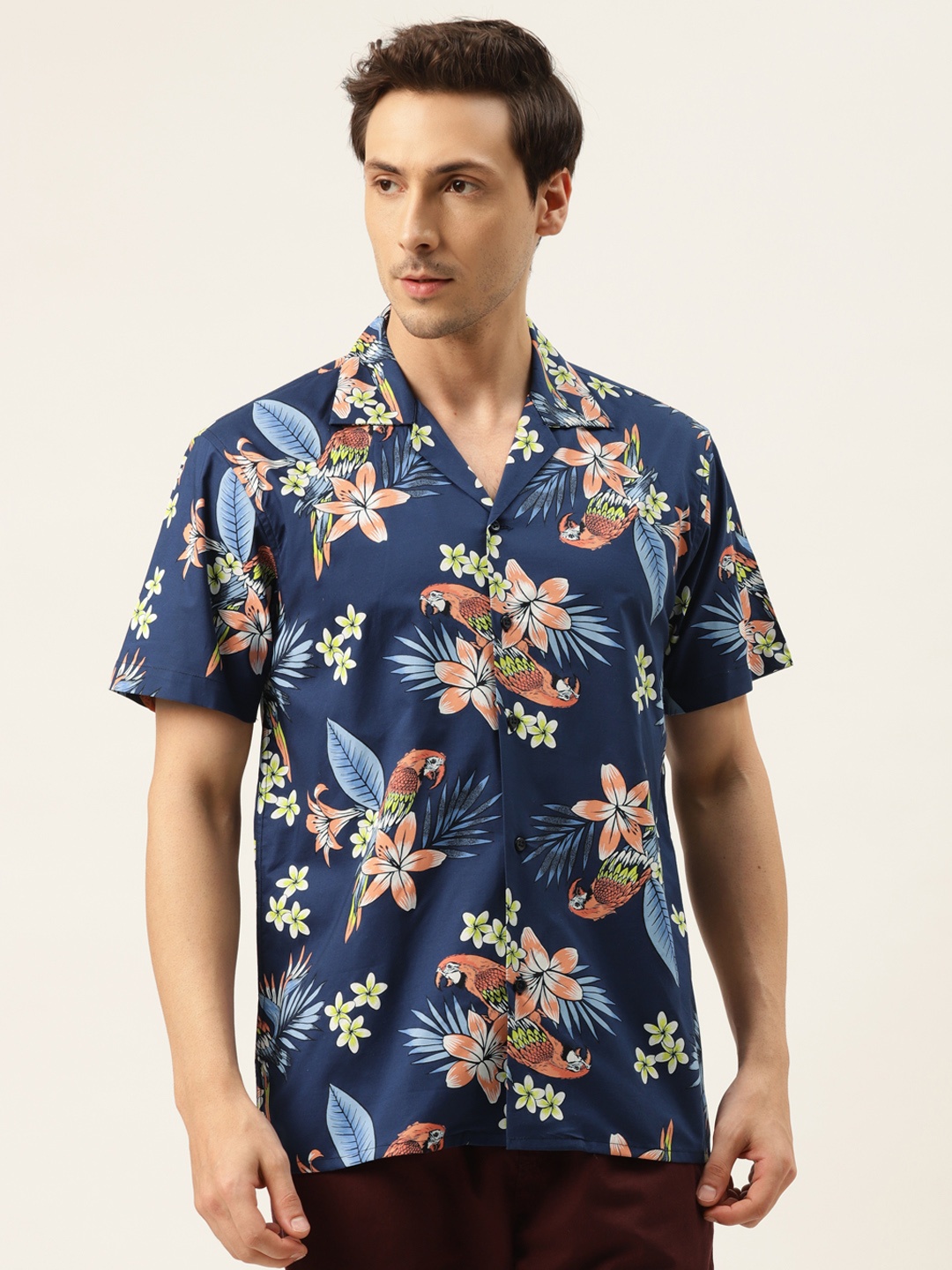 

Hancock Men Navy Blue & Orange Relaxed Fit Tropical Printed Pure Cotton Casual Shirt