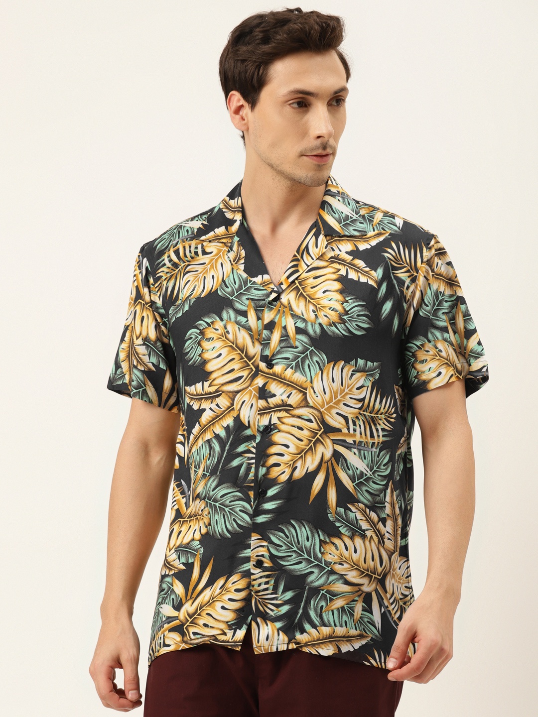 

Hancock Men Black & Mustard Yellow Tropical Print Relaxed Fit Casual Shirt