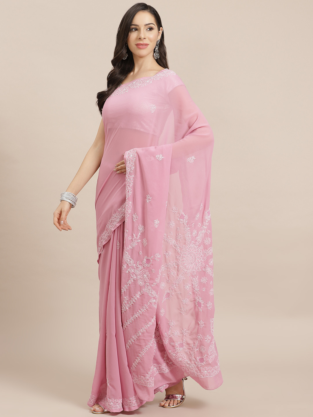 

ADA Women Pink & White Chikankari Embroidered Saree