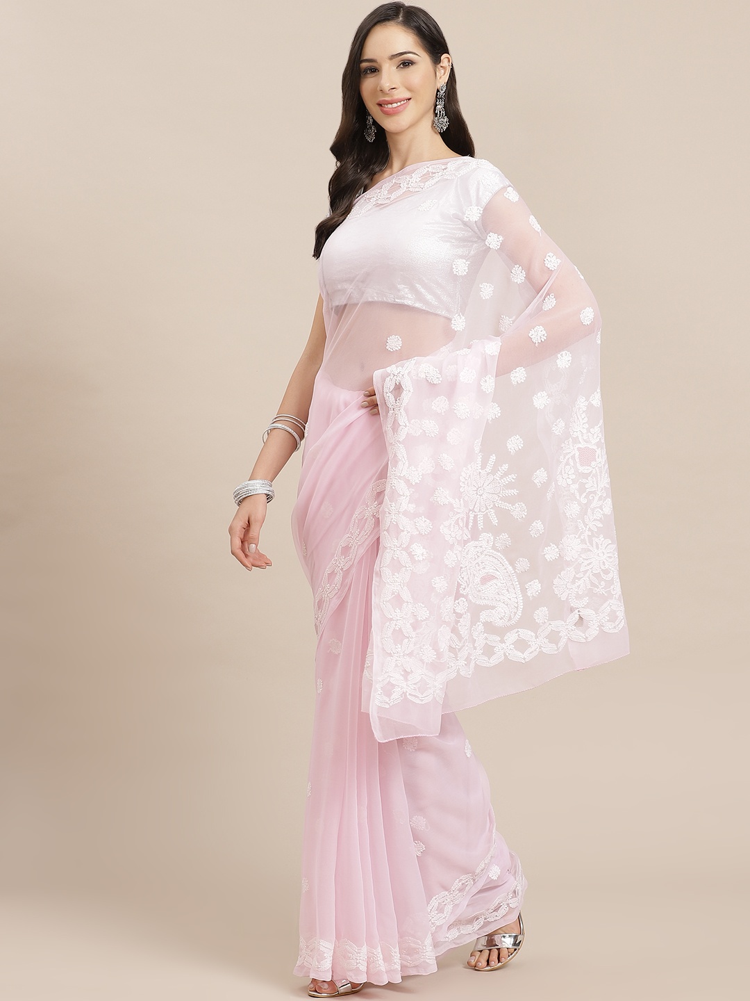 

ADA Women Pink & White Chikankari Embroidered Saree