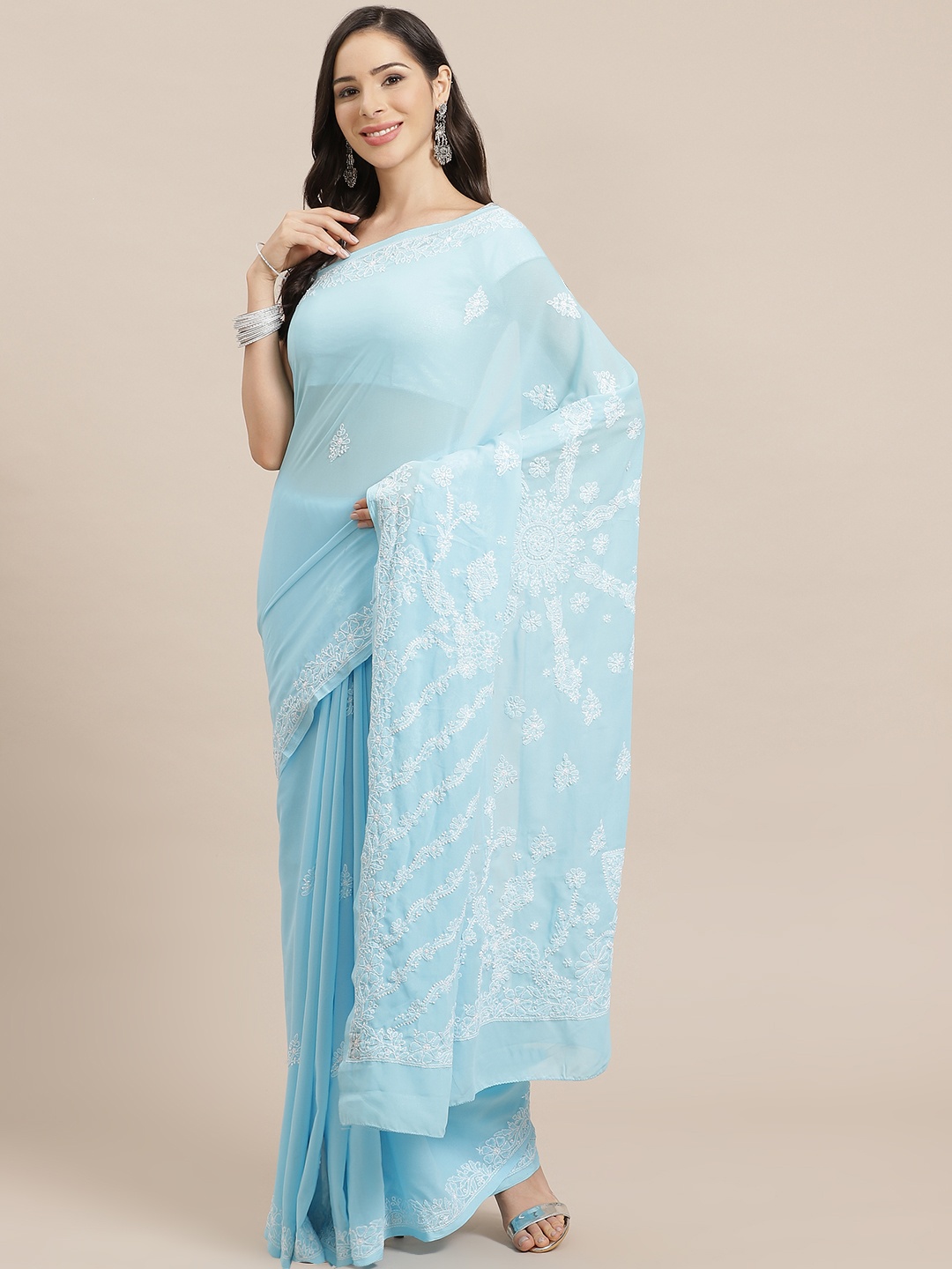 

ADA Women Blue & White Chikankari Embroidered Saree