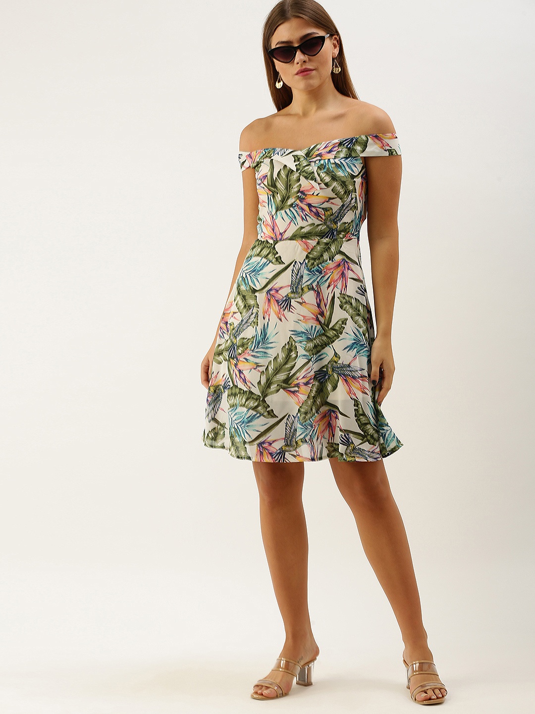 

DODO & MOA Multi-Color Tropical Print Off-Shoulder Crepe Dress