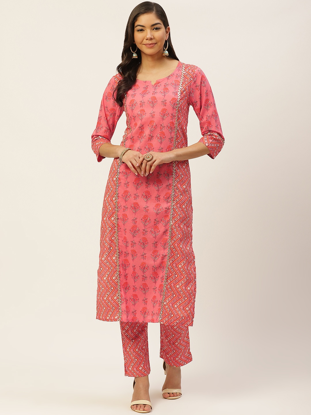 

FABRIC FITOOR Women Pink & Orange Pure Cotton Printed Kurta with Trousers