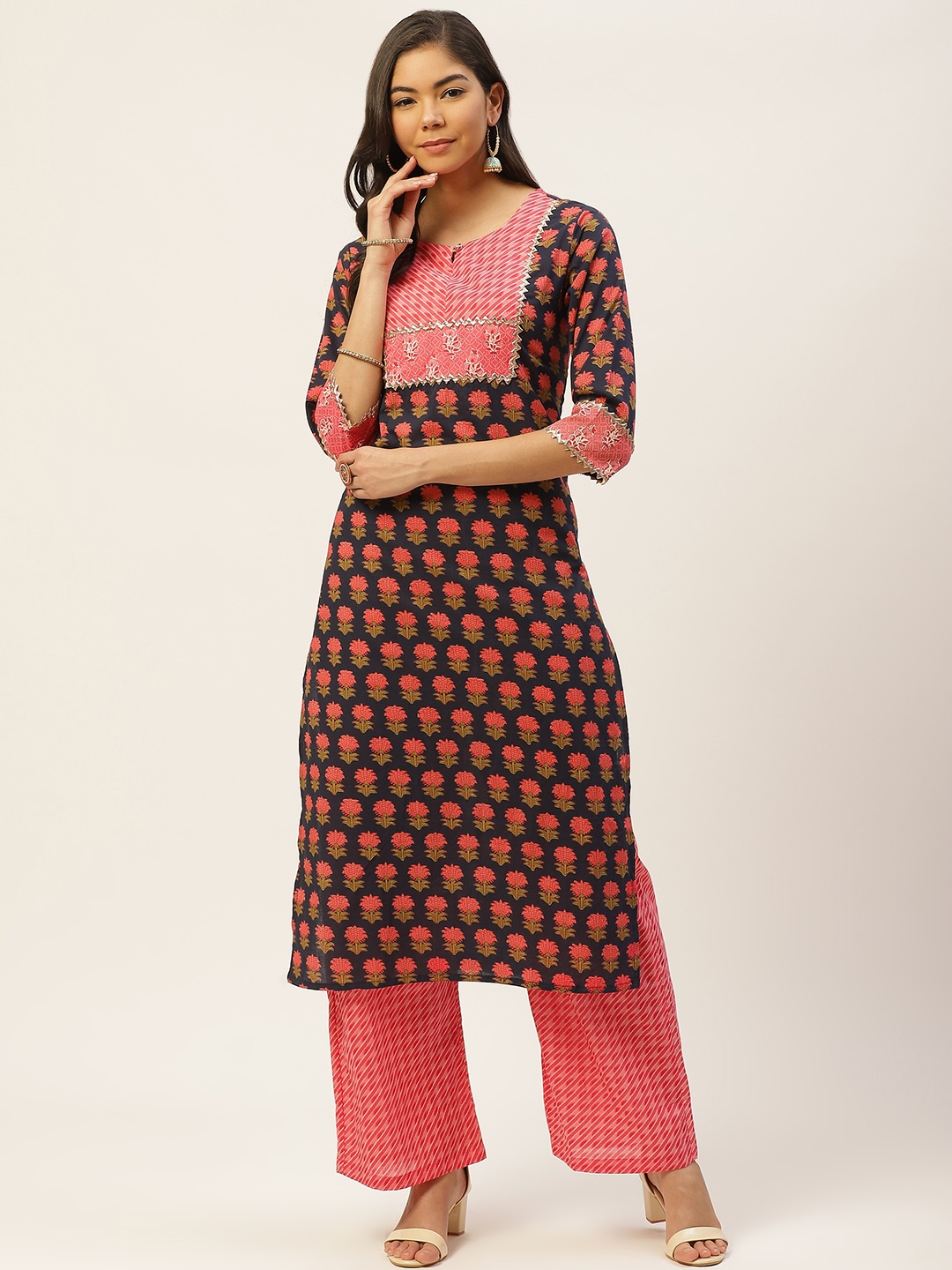 

FABRIC FITOOR Women Navy Blue & Coral Pink Pure Cotton Printed Kurta with Palazzos