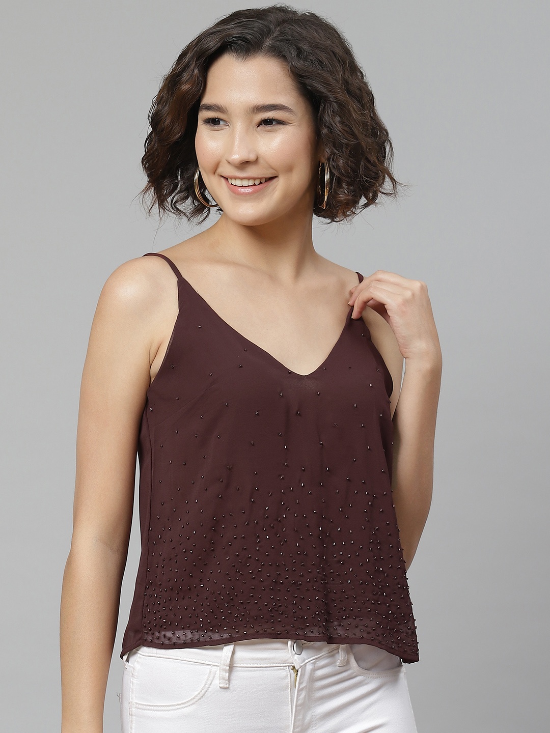 

VARUSHKA Burgundy Embellished Studded Regular Top