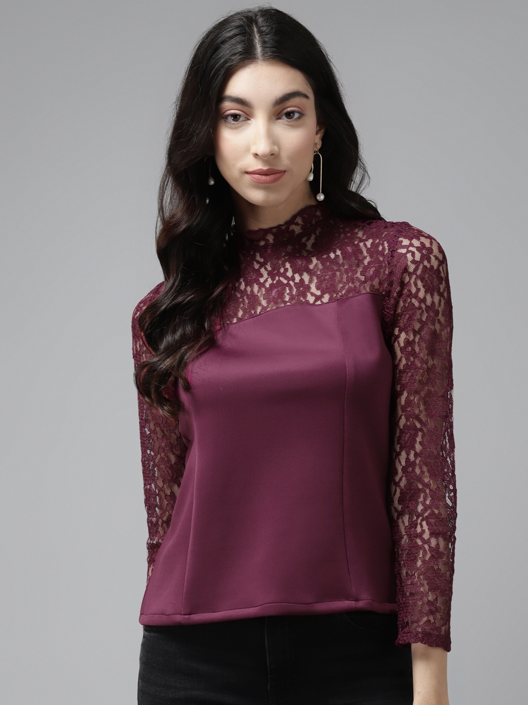 

Cayman Burgundy Self Design Lace Regular Top