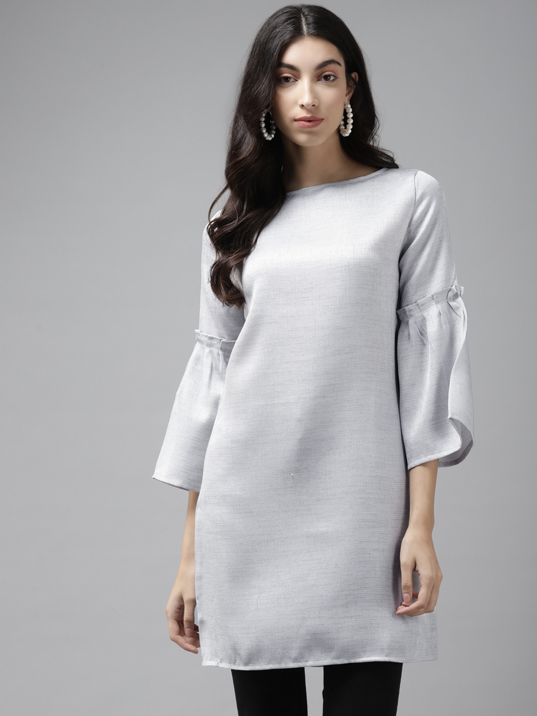 

Cayman Women Grey Solid Bell Sleeves Pure Cotton Tunic