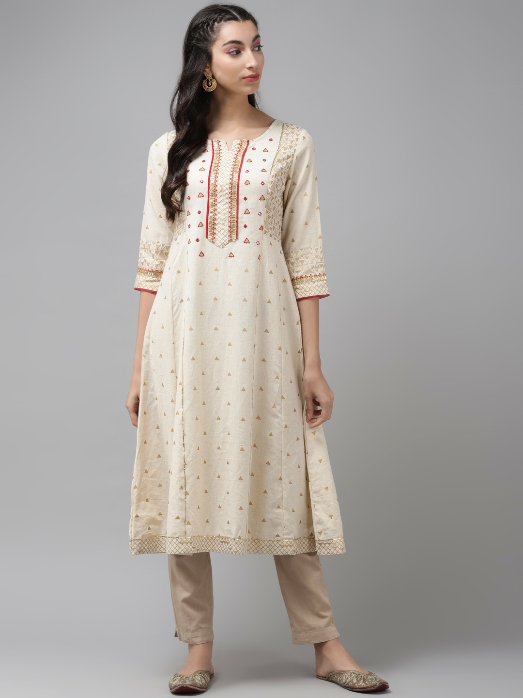 

Cayman Women Cream-Coloured & Golden Printed A-Line Kurta