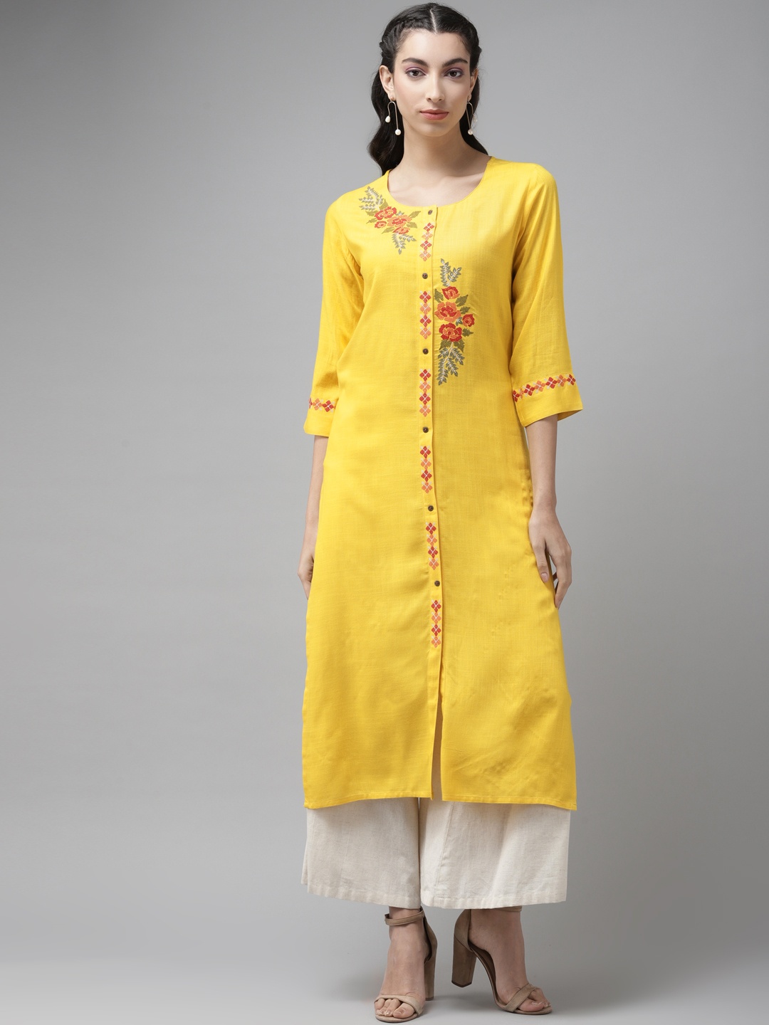 

Cayman Women Yellow & Red Pure Cotton Ethnic Motifs Thread Work Detail Straight Kurta