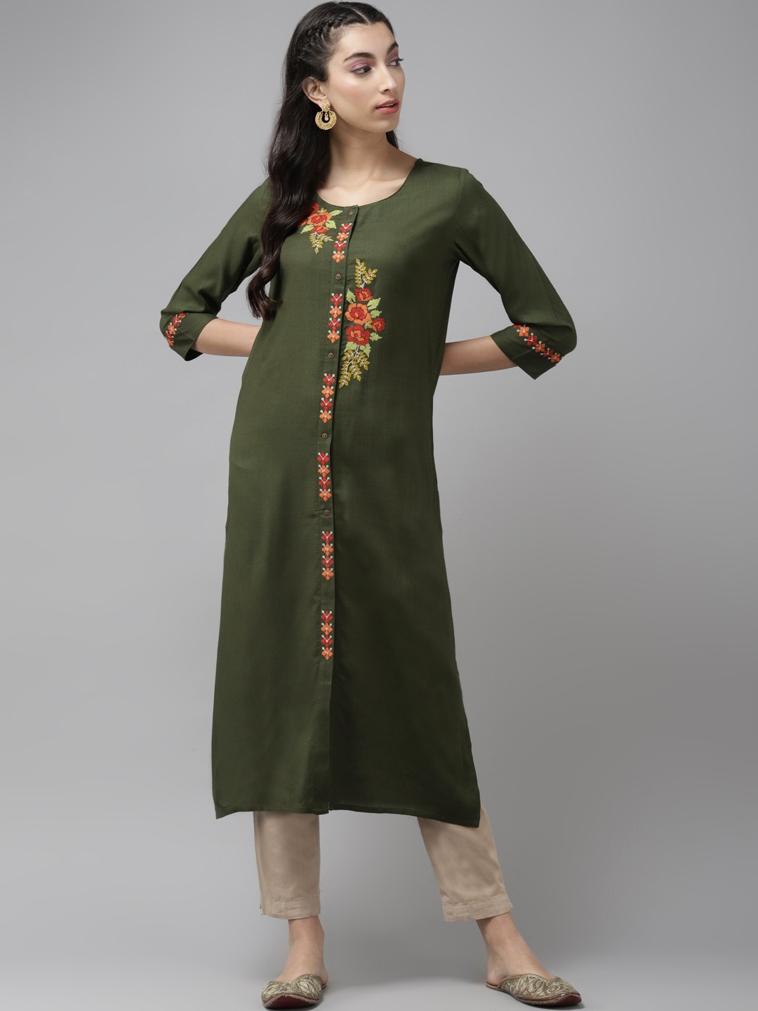 

Cayman Women Olive Green Ethnic Motifs Embroidered Detail Straight Kurta