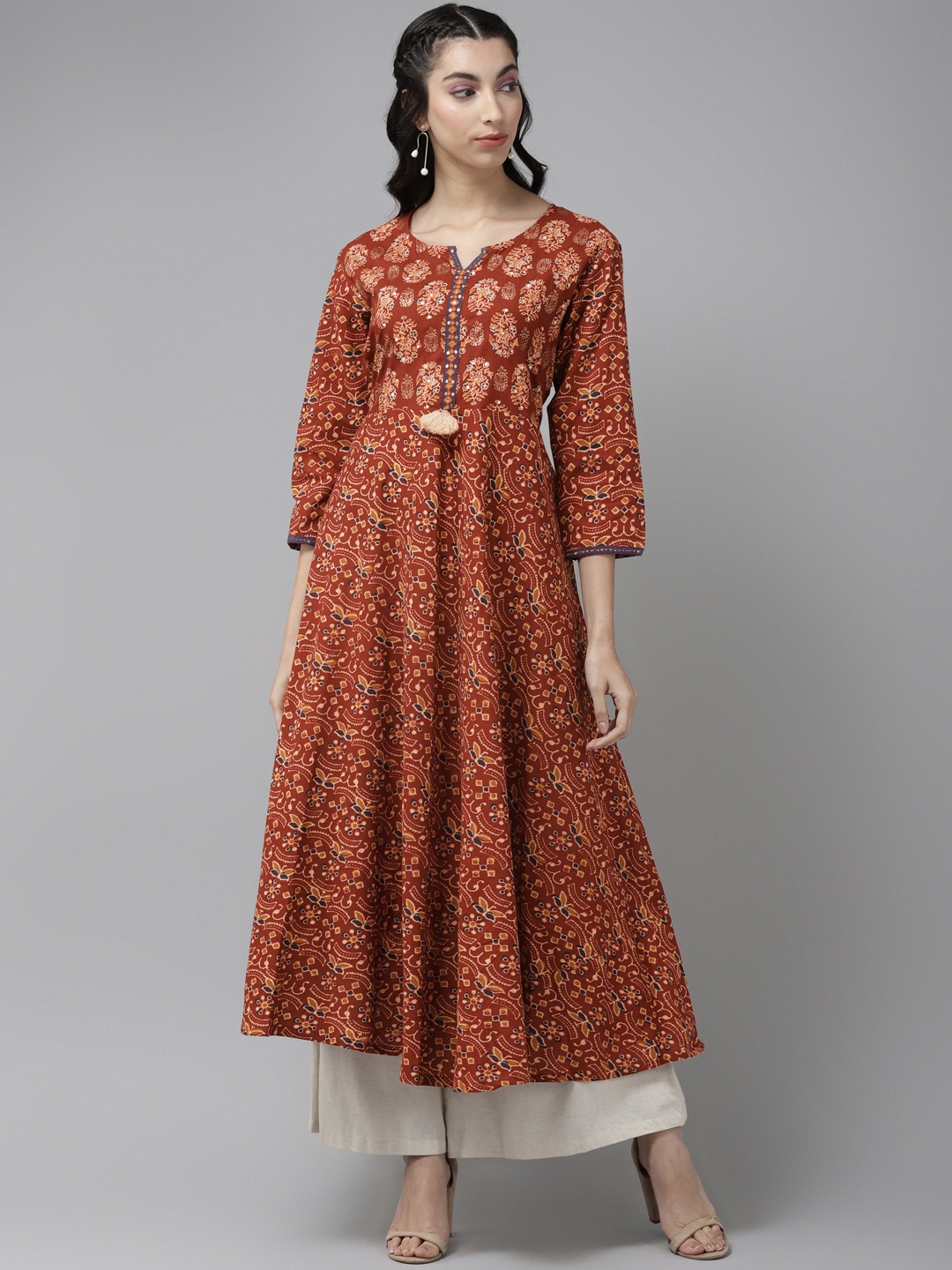 

Cayman Women Maroon & White Ethnic Motifs Printed Sequins A-Line Kurta