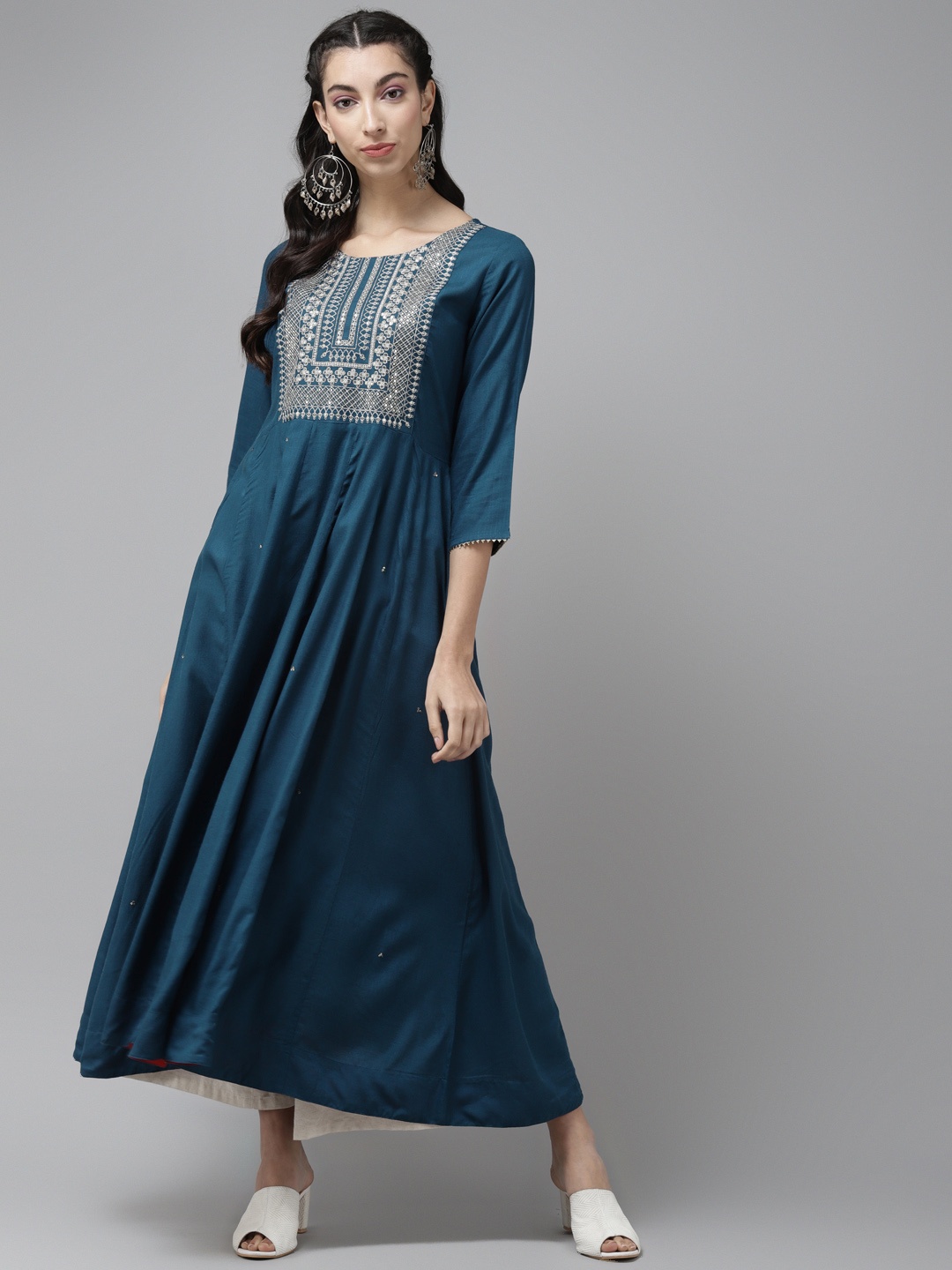

Cayman Women Teal Blue & Silver Ethnic Motifs Yoke Design Sequins A-Line Kurta