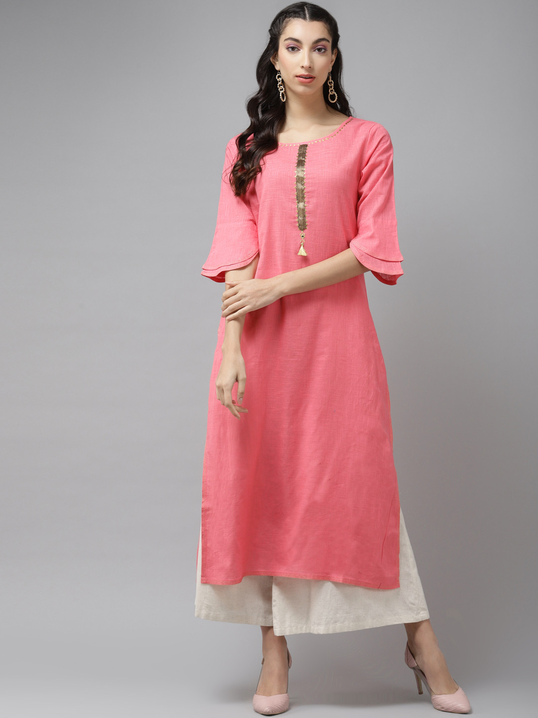 

Cayman Women Pink Flared Sleeves Yoke Design Thread Work Straight Kurta