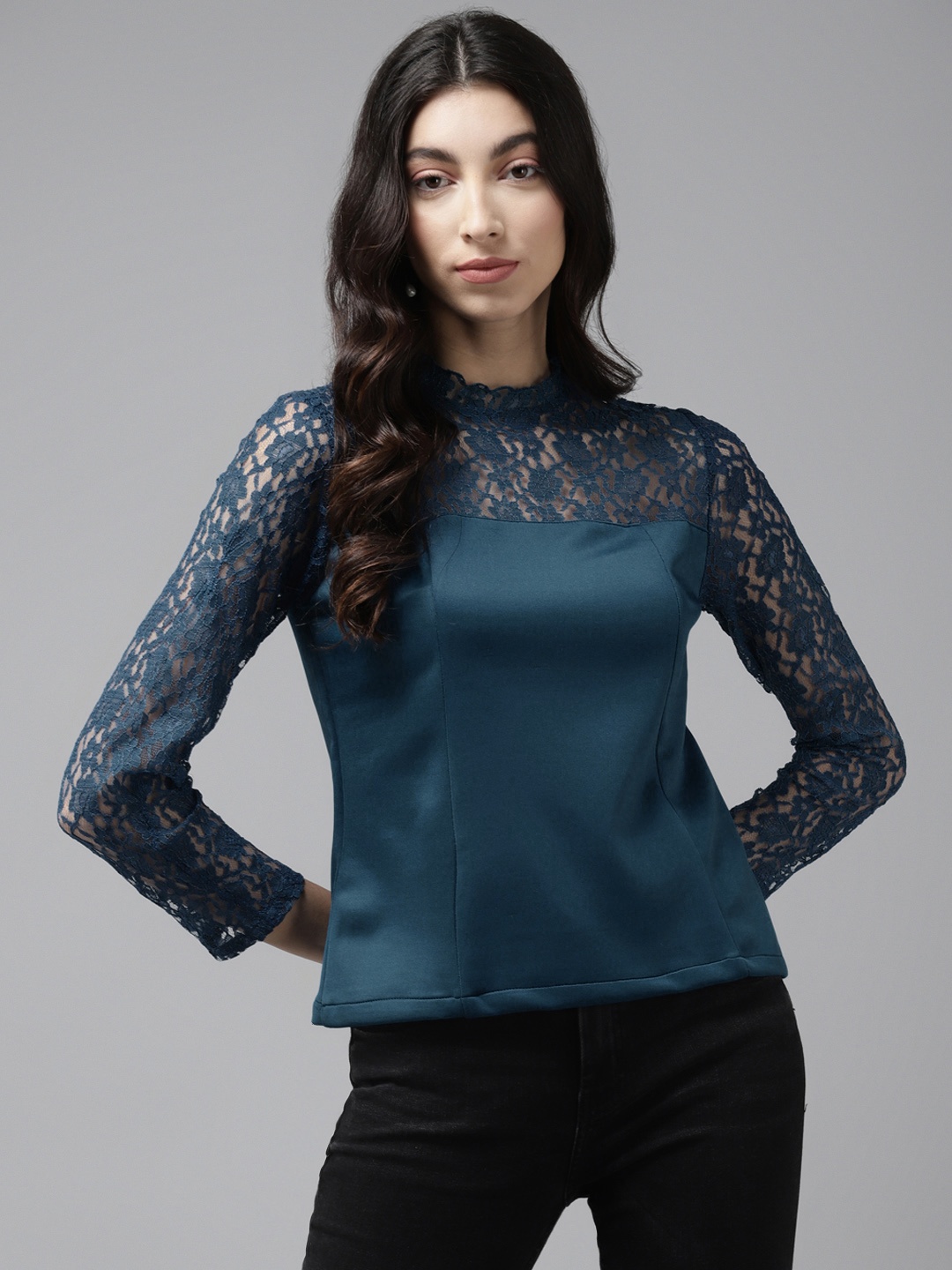

Cayman Teal Blue Self Design Lace Regular Top