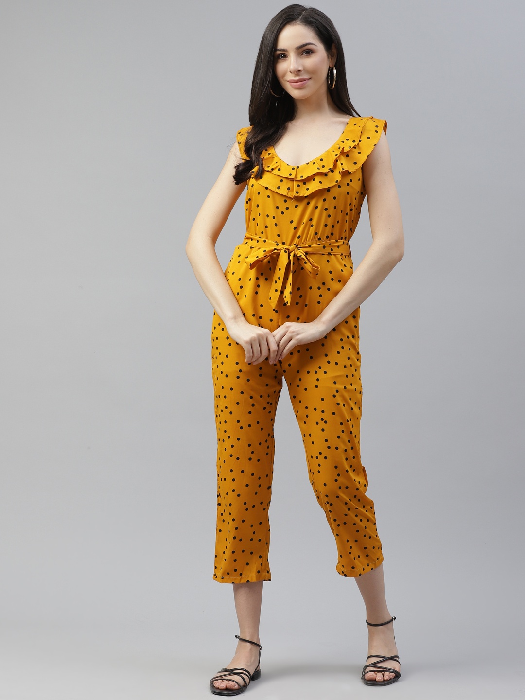 

Cayman Women Mustard Yellow & Black Dot Print Capri Jumpsuit