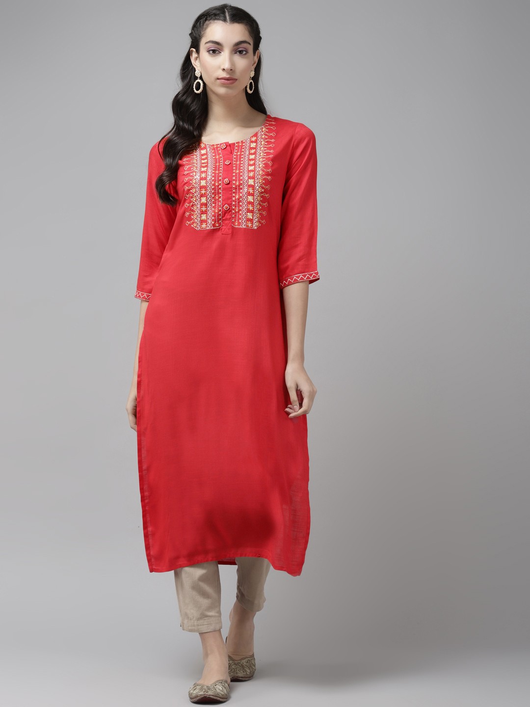 

Cayman Women Red Ethnic Motifs Yoke Design Thread Work Straight Kurta