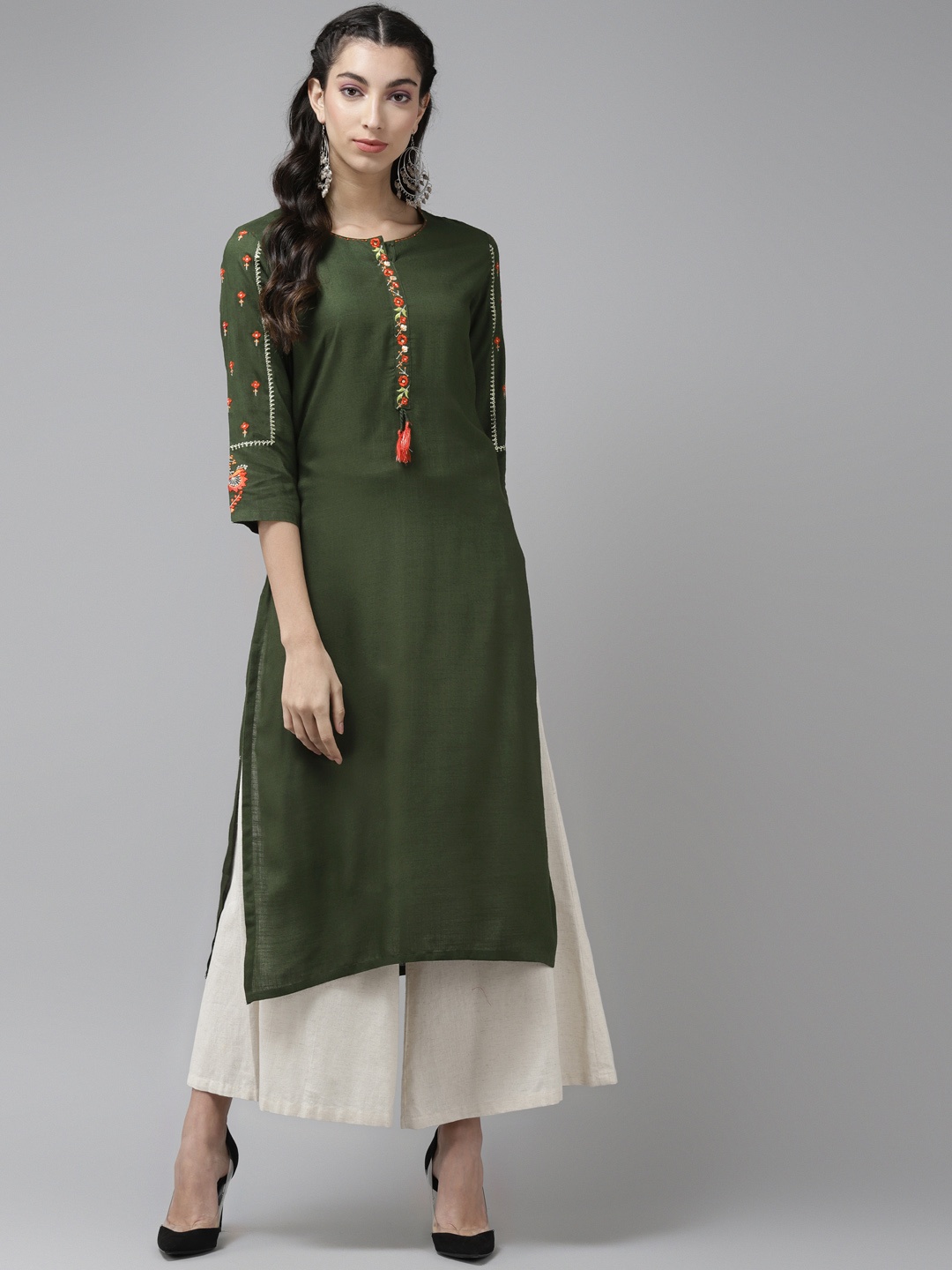

Cayman Women Olive Green Floral Yoke Design Thread Work Kurta