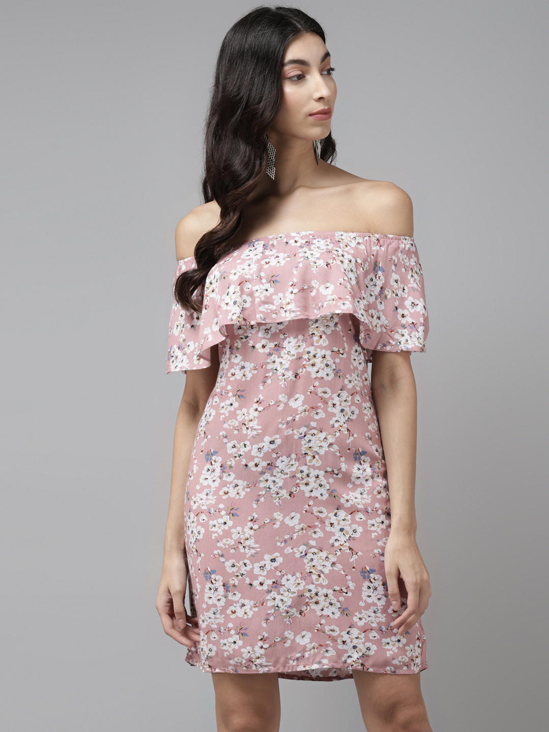 

Cayman Women Pink & White Floral Printed Off Shoulder Sheath Dress
