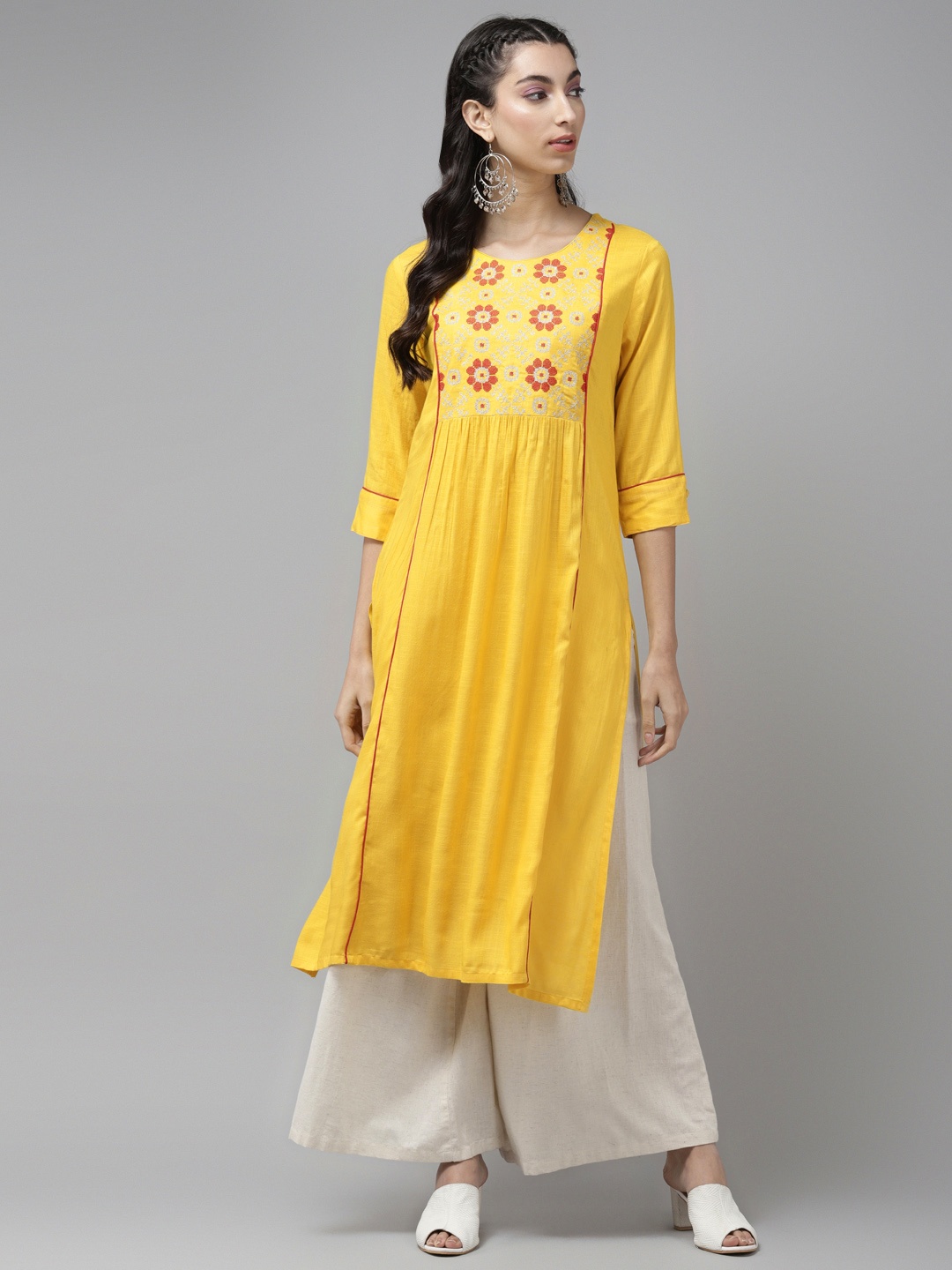 

Cayman Women Yellow & Red Ethnic Motifs Yoke Design Thread Work Straight Kurta