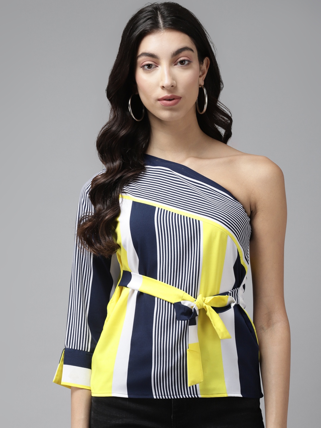 

Cayman Yellow & Navy Blue Striped One Shoulder Regular Top