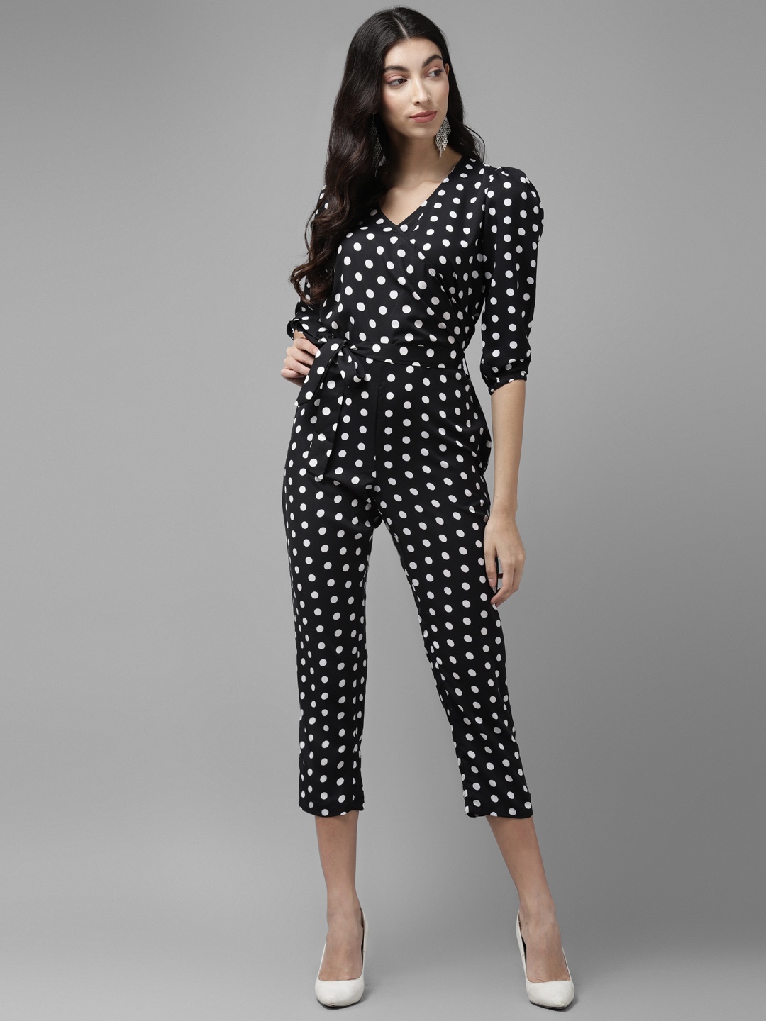 

Cayman Women Black & White Polka Dot Print Cropped Basic Jumpsuit With Belt
