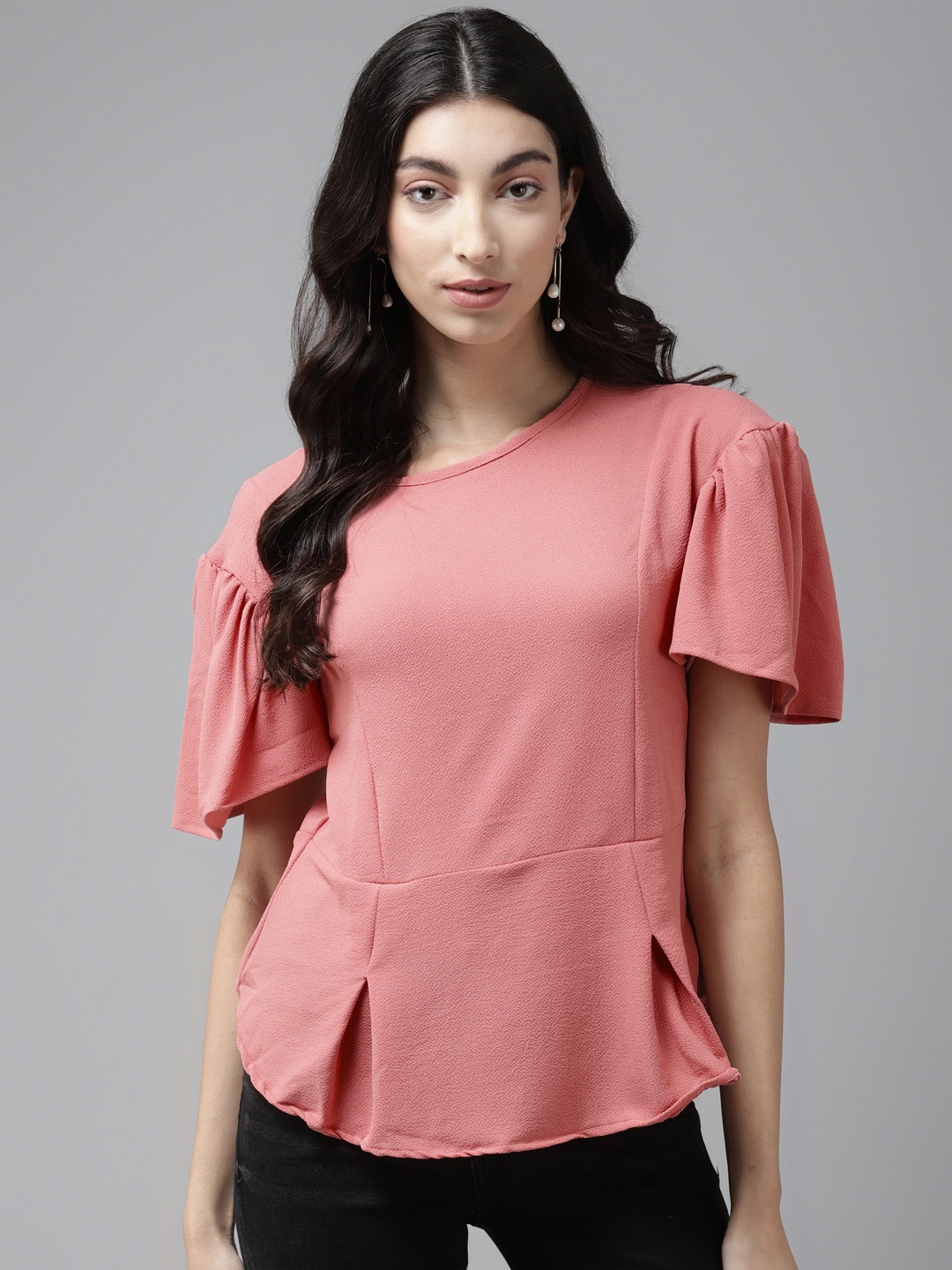 

Cayman Peach-coloured Flared Sleeves A-line Top